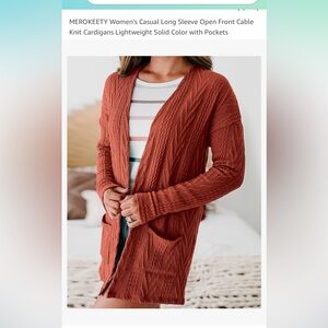 Merokeety long open front cardigan sweater with pockets in orange Rust